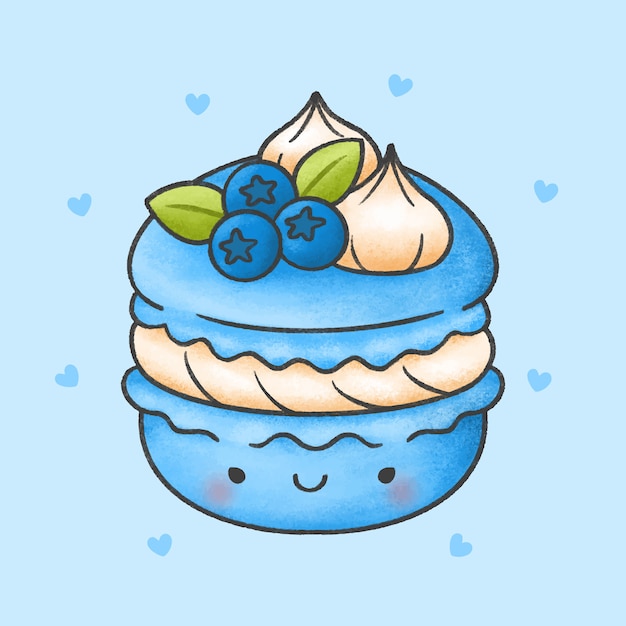 Cute macaroon with blueberry whip cream dessert cartoon hand drawn