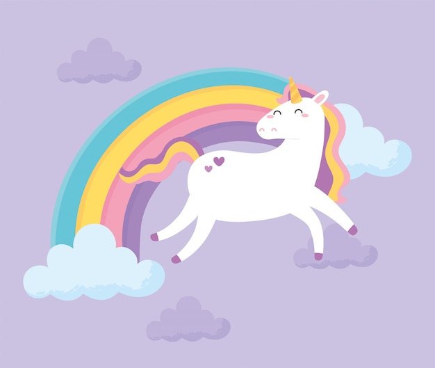 かわいい魔法のユニコーン虹雲空動物漫画のベクトル図 プレミアムベクター
