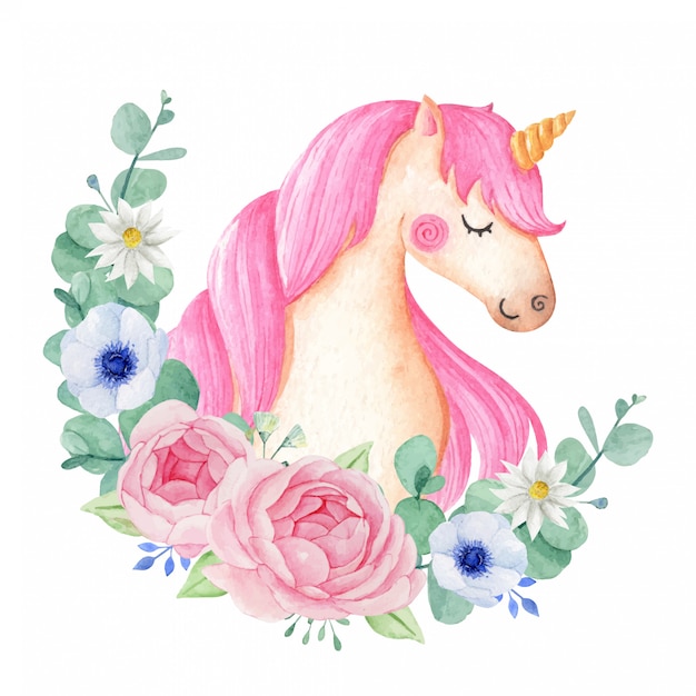 Download Cute and magical watercolor unicorn with flowers isolated ...