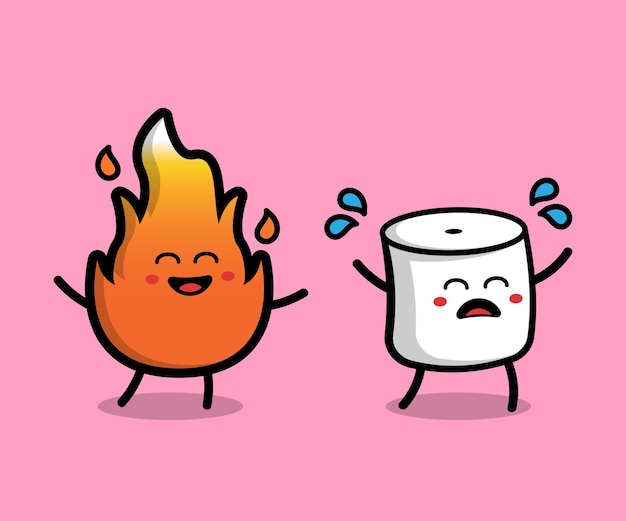 かわいいマシュマロと火の漫画ベクトルアイコンイラスト食品キャラクターアイコンの概念 プレミアムベクター