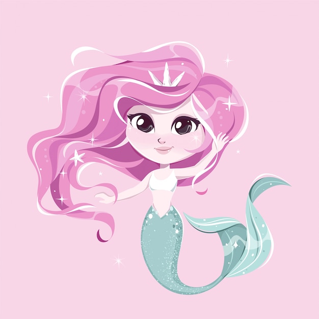 Premium Vector Cute Mermaid Girl With Pink Hair Vector Illustration On Pastel Pink Space 9367