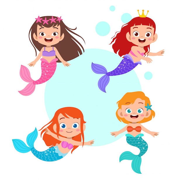 Download Cute mermaid kid girl set bundle Vector | Premium Download