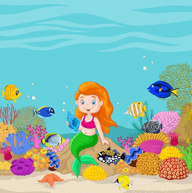 Download Cute mermaid presenting in the underwater background ...