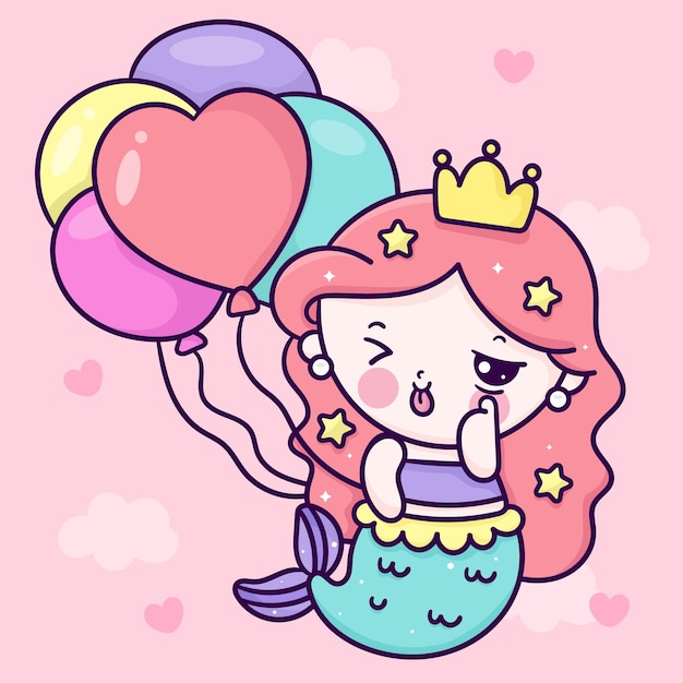 かわいい人魚姫漫画開催誕生日バルーンパーティーカワイイイラスト プレミアムベクター