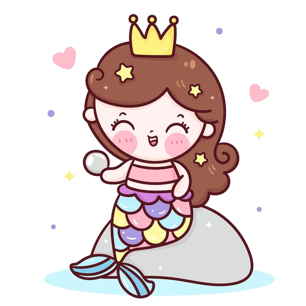 真珠のかわいいイラストを保持しているかわいい人魚姫の漫画 プレミアムベクター