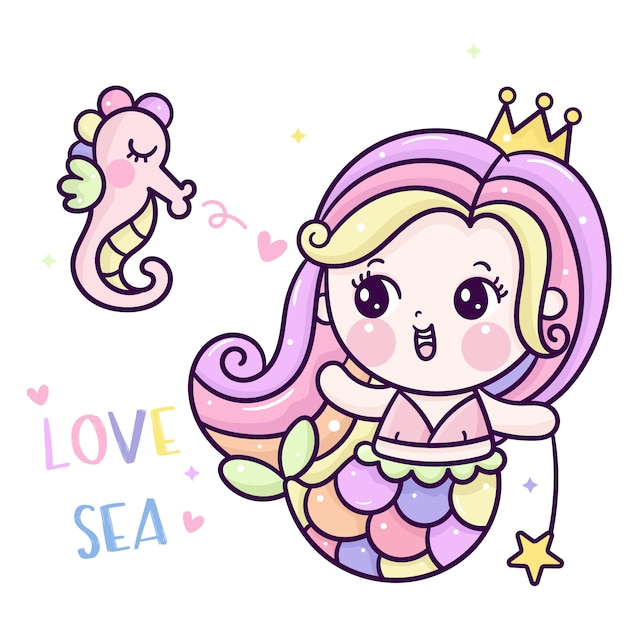 Premium Vector | Cute mermaid princess cartoon with kawaii sea horse ...