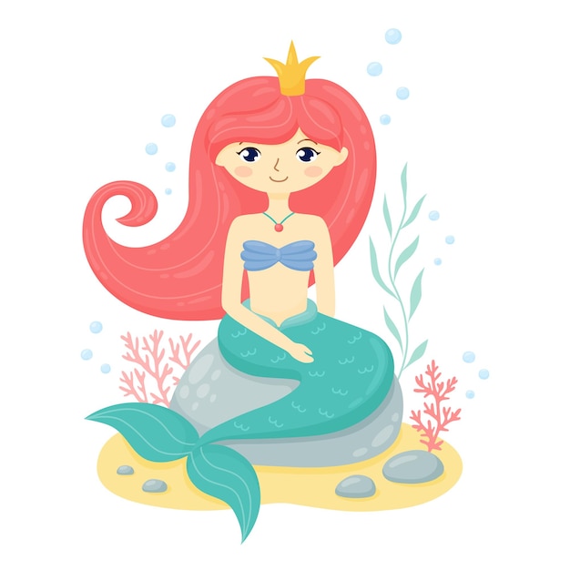 Premium Vector | Cute mermaid princess sitting on sea rock with seaweed ...