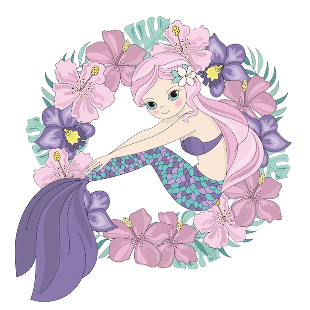 かわいい人魚姫の花輪イラスト プレミアムベクター