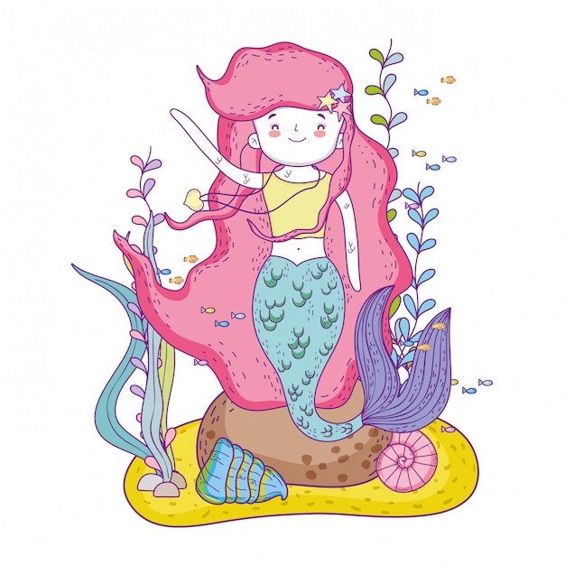 Premium Vector | Cute mermaid under sea with seaweed