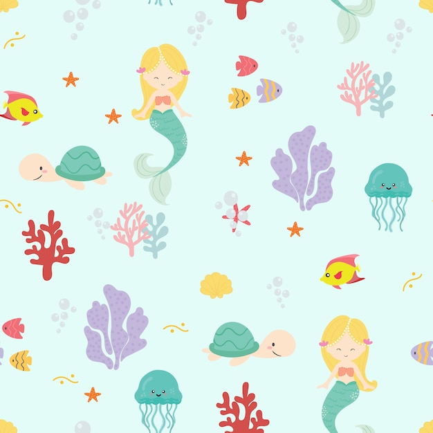 Download Premium Vector | Cute mermaid seamless pattern background ...