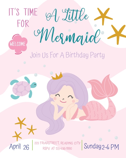 Download Cute mermaid theme birthday party invitation card vector illustration. Vector | Premium Download