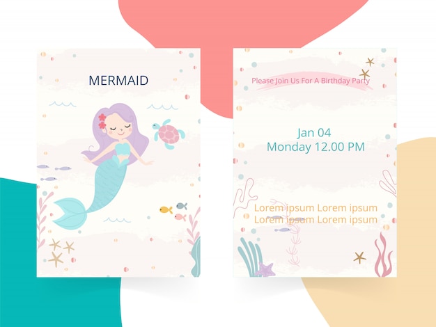 かわいい人魚のテーマの誕生日パーティーの招待状カードベクトルイラスト プレミアムベクター