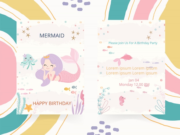 かわいい人魚のテーマの誕生日パーティーの招待状カードベクトルイラスト プレミアムベクター