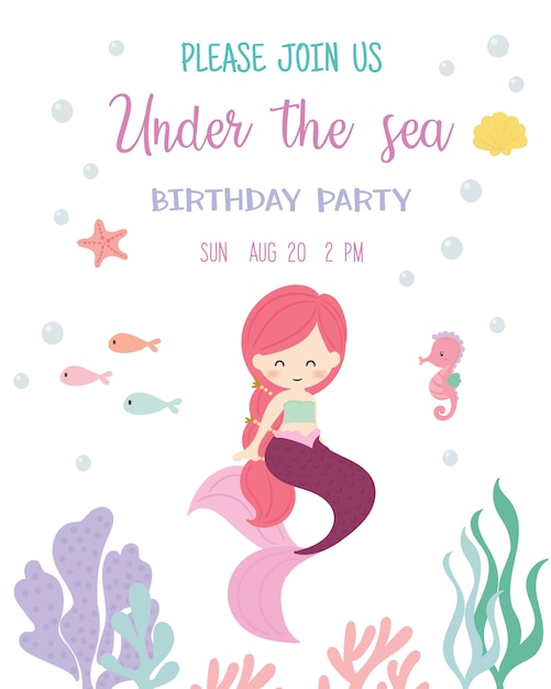 Download Cute mermaid theme birthday party invitation card. Vector ...