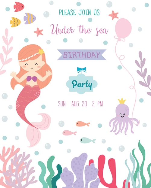 Download Cute mermaid theme birthday party invitation card. Vector ...