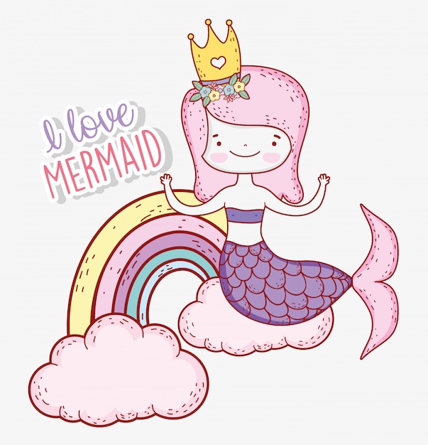 Download Cute mermaid wearing crown with rainbow and clouds ...