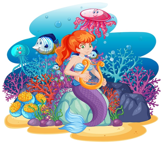 動物の海をテーマにしたかわいい人魚のシーンの漫画スタイルの分離 無料のベクター