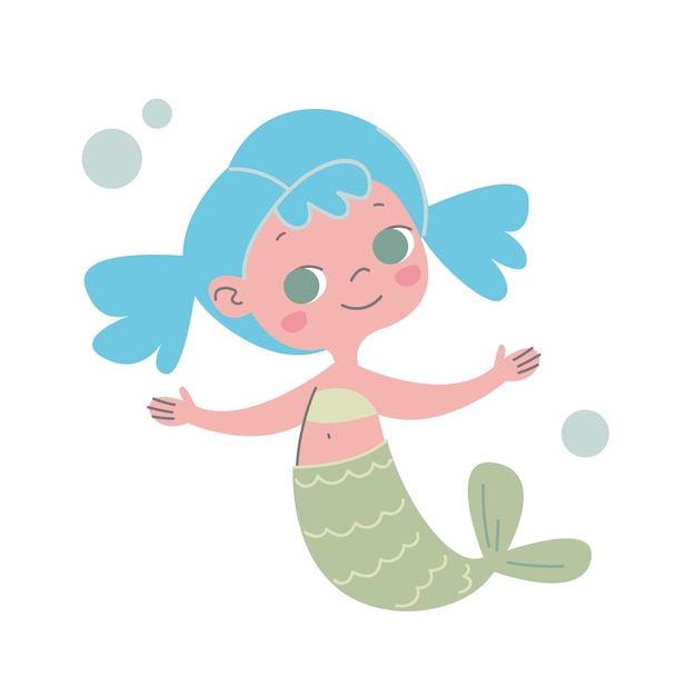 Premium Vector  Cute  mermaid with blue hair  and a fish 