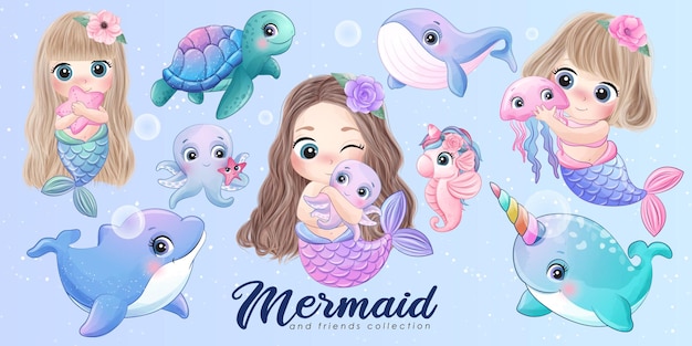 かわいい人魚と友達の水彩イラストセット プレミアムベクター かわいい人魚と友達の水彩イラストセット プレミアムベクター