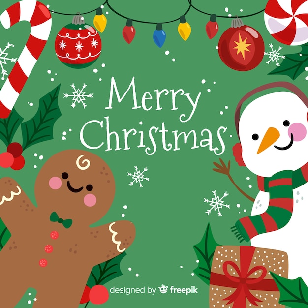 Cute merry christmas background with snowman and gingerbread Free Vector