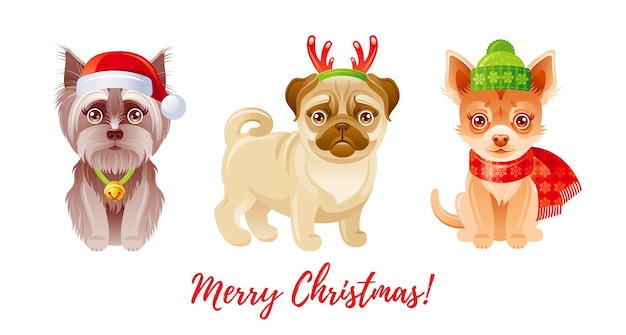 Premium Vector Cute Merry Christmas Dogs Set Cartoon Puppy Icons Funny Fashion Pug Chihuahua Yorkshire Terrier