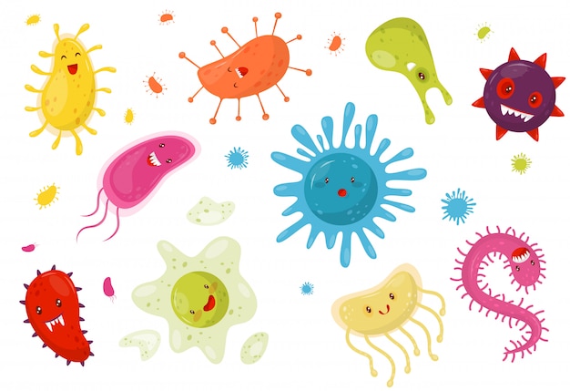 変な顔 白い背景の上のカラフルなヒト化細菌の漫画のキャラクターのイラストがかわいい微生物 プレミアムベクター