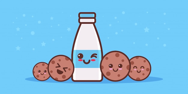 Premium Vector | Cute milk glass bottle with chip cookies cartoon