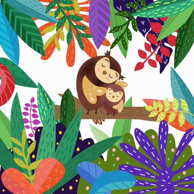 Download Cute mom and baby owl in colorful forest cartoon. | Premium Vector