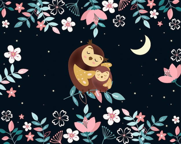 Download Premium Vector | Cute mom and baby owl in night garden ...