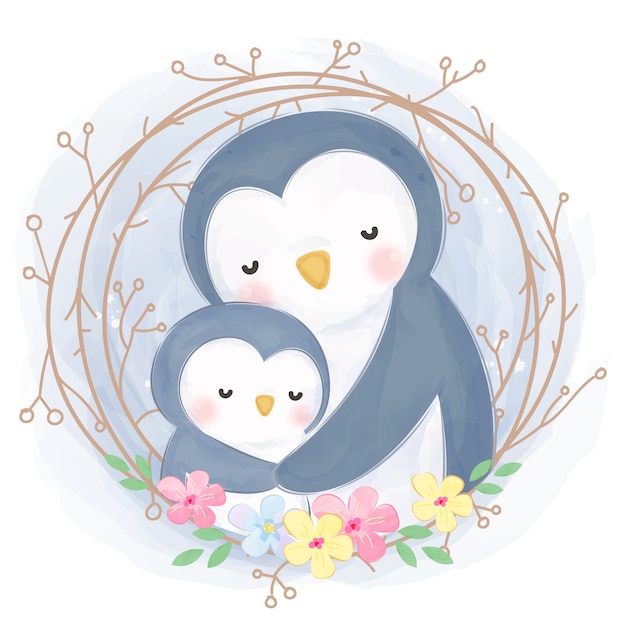 かわいいママと赤ちゃんのペンギンイラスト プレミアムベクター
