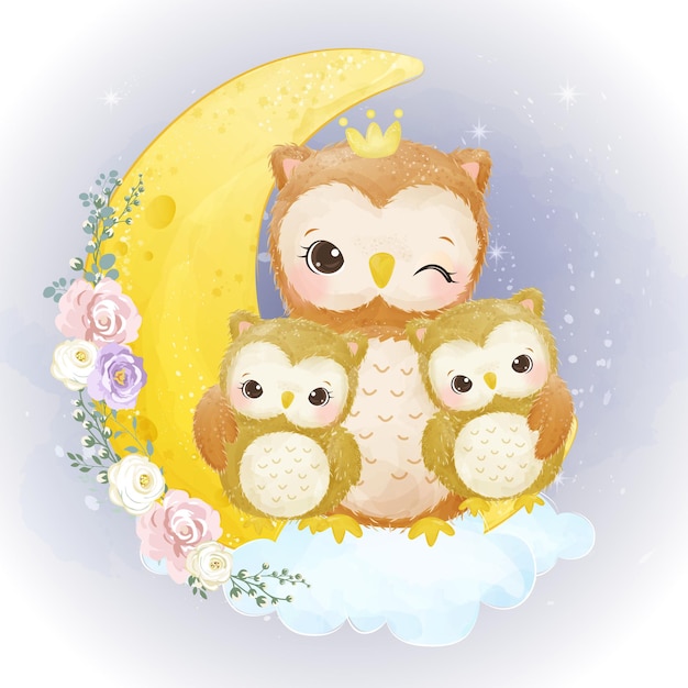 Download Premium Vector | Cute mommy and baby owls together in ...