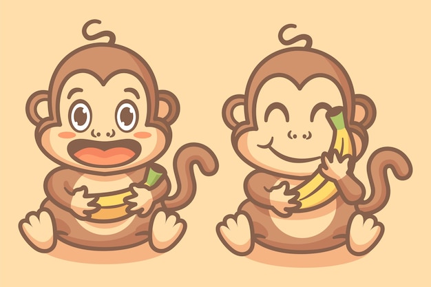 バナナのマスコットのキャラクターイラストのようなかわいい猿の動物 プレミアムベクター