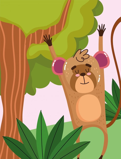 緑の森の枝の木をぶら下げかわいい猿 プレミアムベクター