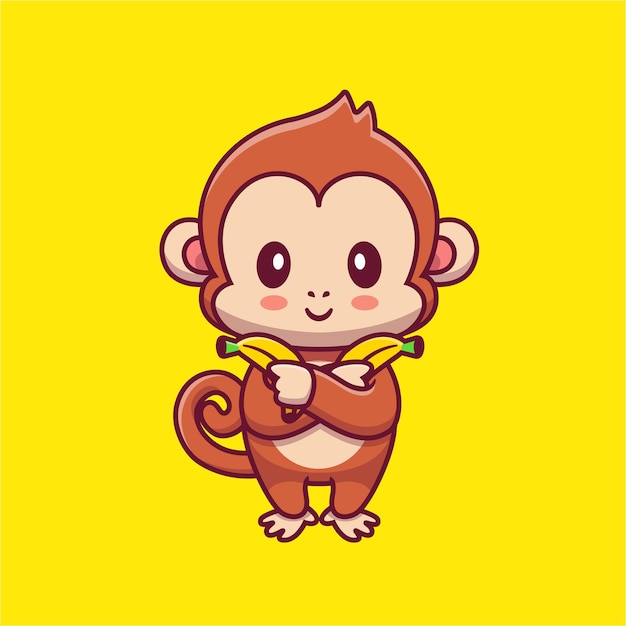 バナナ漫画アイコンイラストを保持しているかわいい猿 プレミアムベクター