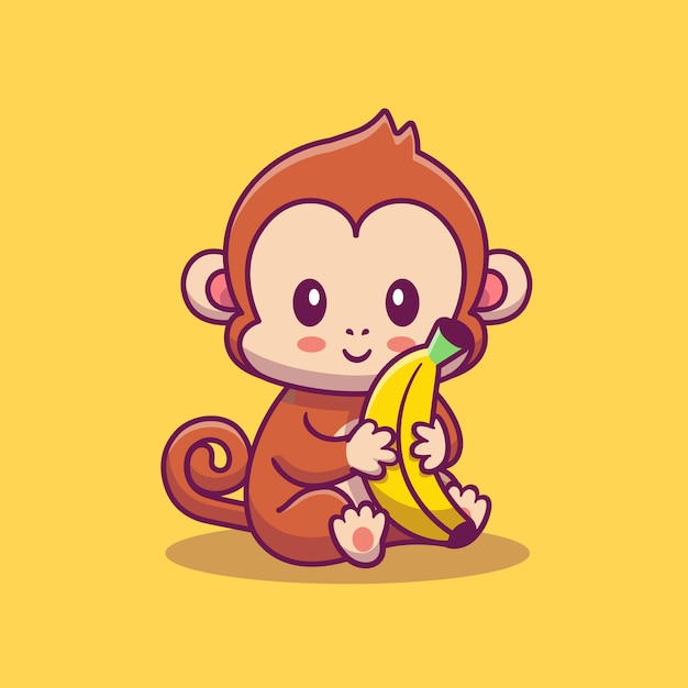 かわいい猿のバナナアイコンイラストを保持しています 分離された動物アイコンコンセプト フラット漫画スタイル プレミアムベクター