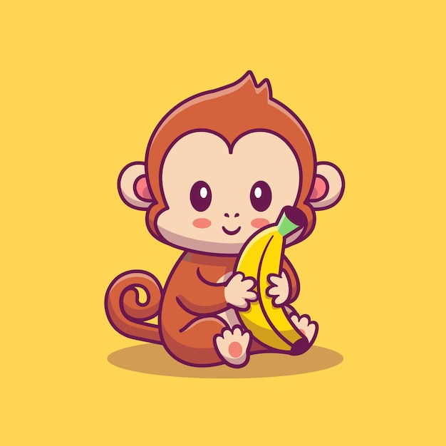 Cute monkey holding banana icon illustration. animal icon concept