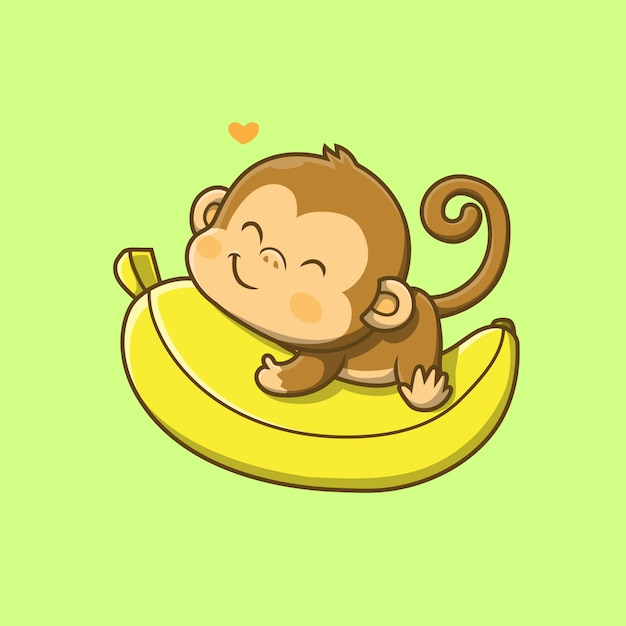 大きなバナナのイラストを保持しているかわいい猿 プレミアムベクター