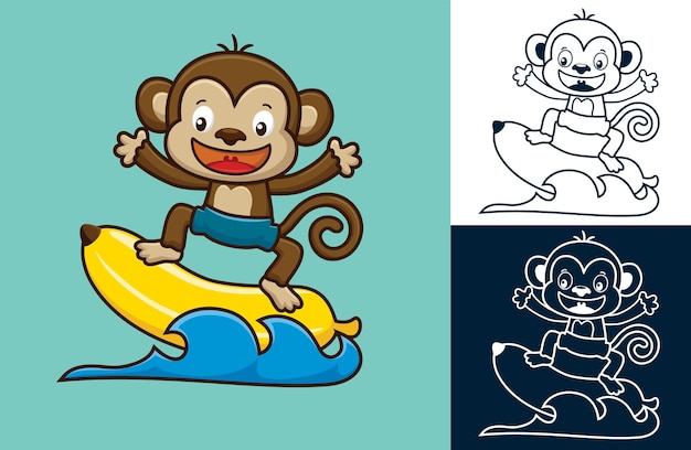 大きなバナナと一緒に水中でサーフィンするかわいい猿 フラットアイコンスタイルの漫画イラスト プレミアムベクター