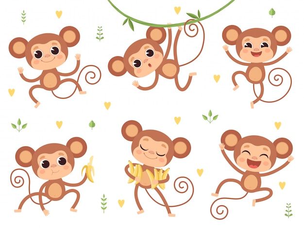 かわいいサル ジャングルの野生動物 アクションポーズでキャラクターを演じる小猿 プレミアムベクター