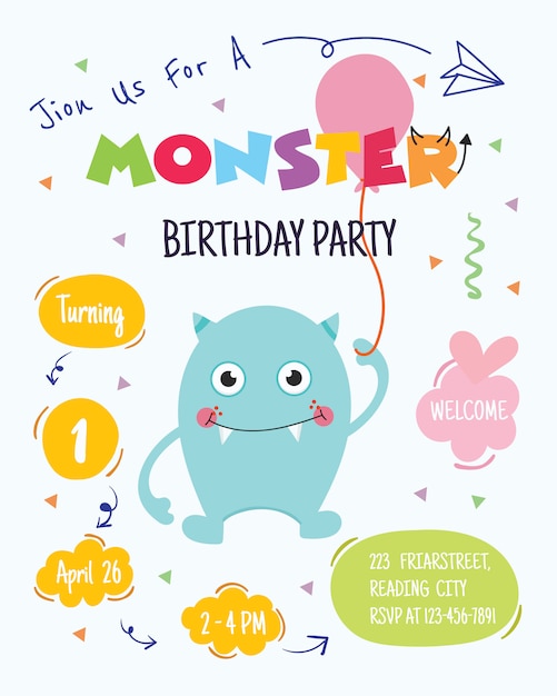 Download Cute monster happy birthday party invitation card design ...