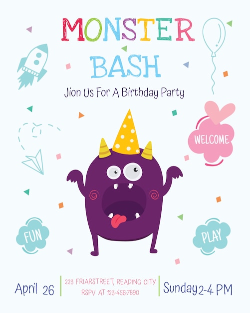 Download Cute monster happy birthday party invitation card design ...