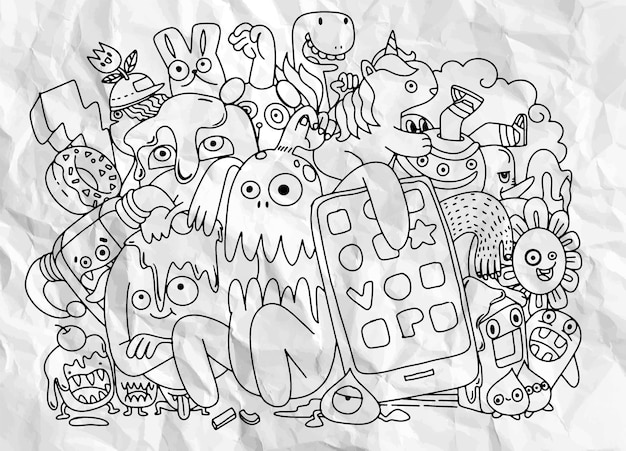 かわいいモンスターグループ 面白いかわいいモンスター エイリアン またはファンタジー動物のセット塗り絵のデザインのために 手描きの線画漫画ベクトル イラスト プレミアムベクター