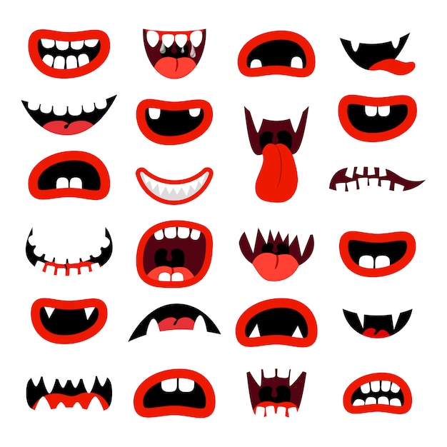 Cute monsters mouth set red cartoon mouths with teeth on white