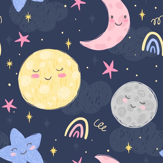 かわいい月 三日月 惑星 雲と夜背景の星 手描きのシームレスなパターン キッズルームとファブリックのイラスト プレミアムベクター