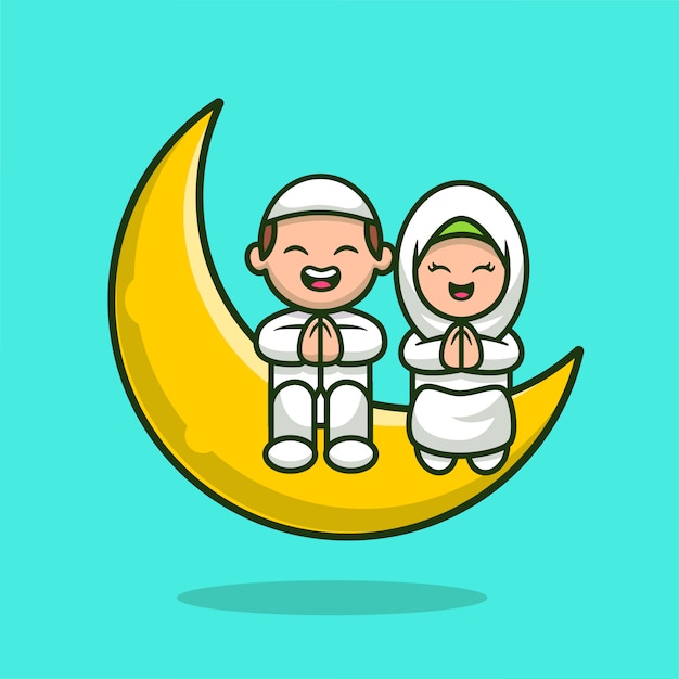 月漫画アイコンイラストの上に座ってかわいいイスラム教徒のカップル 人の宗教アイコンのコンセプトが分離されました フラット漫画のスタイル プレミアムベクター