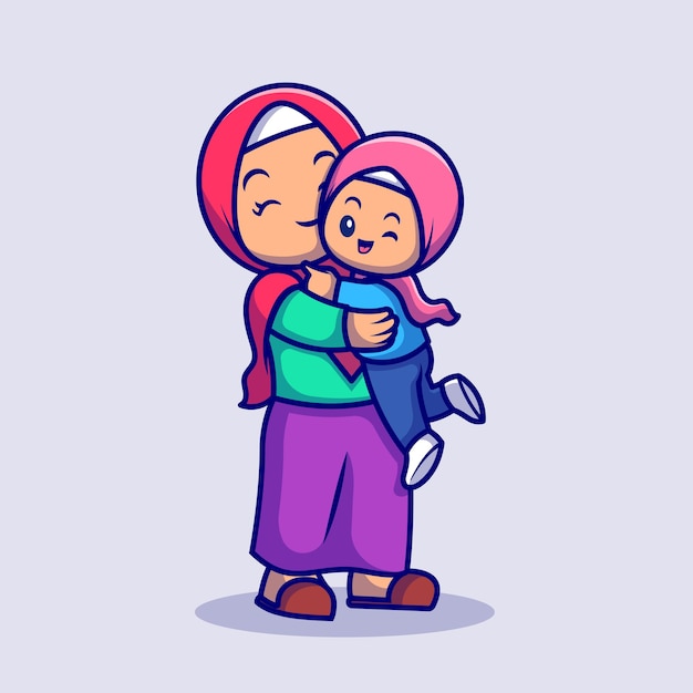 Cute mother and daughter moslem celebrating eid mubarak cartoon vector icon illustration. people religion icon concept isolated premium vector. flat cartoon style Free Vector