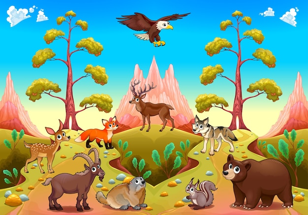 自然の中でかわいい山の動物ベクトル漫画のイラスト プレミアムベクター