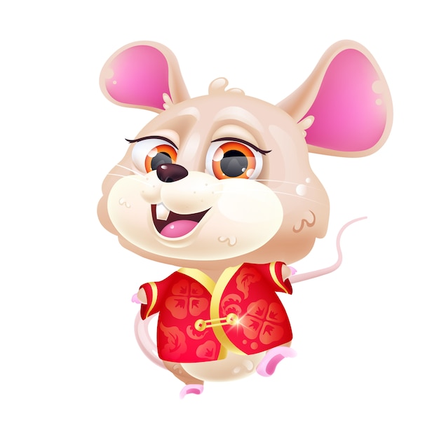 かわいいマウスのかわいい漫画のキャラクター 年の中国の旧正月 赤い民族衣装で愛らしい 面白い動物分離ステッカー パッチ 白い背景の アニメ赤ちゃんラット絵文字 プレミアムベクター