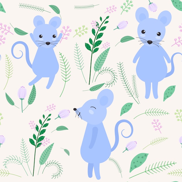 Premium Vector Cute Mouse With Floral And Leaf Seamless Pattern