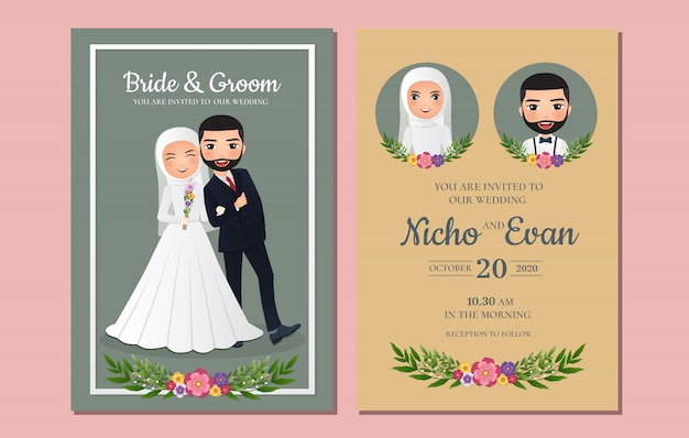 Premium Vector | Cute muslim bride and groom. wedding invitations card.